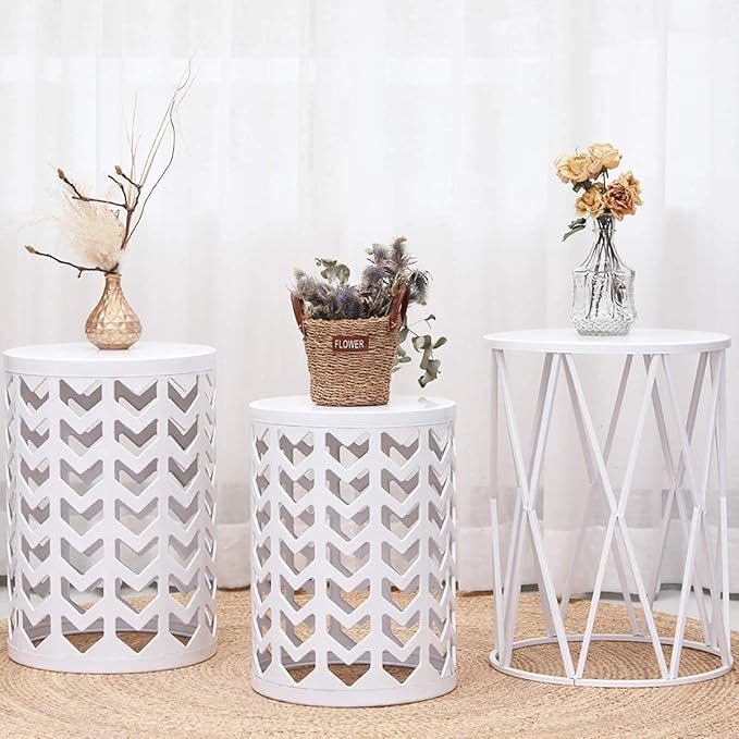 HFHOME Nesting Coffee Tables Set of 3, Industrial Metal Stacking Accent Side Tables Circle Table for Small Space, Living Room, Apartment, Bedroom Indoor - White