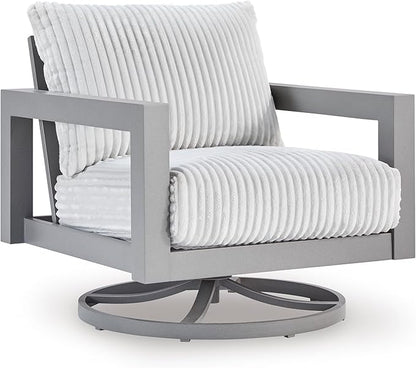 Signature Design by Ashley Moonlight View Contemporary Nuvella Weather Resistant Fabric Outdoor Swivel Chair with Zippered Removable Cushions, Light Gray & Beige