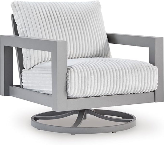 Signature Design by Ashley Moonlight View Contemporary Nuvella Weather Resistant Fabric Outdoor Swivel Chair with Zippered Removable Cushions, Light Gray & Beige