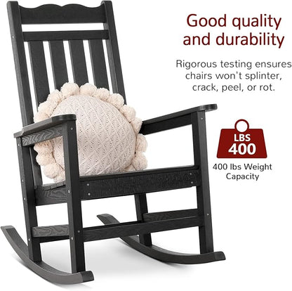 Stoog 3-Piece Oversized Rocking Chairs Set of 2 with Table, Outdoor Rocking Chair with 400 lbs Weight Capacity, All-Weather Porch Rocker for Backyard, Lawn, Patio, Garden and Indoor, Black