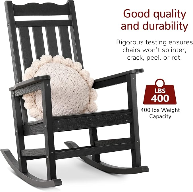 Stoog Outdoor Rocking Chairs Set of 4, All-Weather Porch Rocker with 400 lbs Weight Capacity, Never Fade or Rot, for Backyard, Lawn, and Garden, Black
