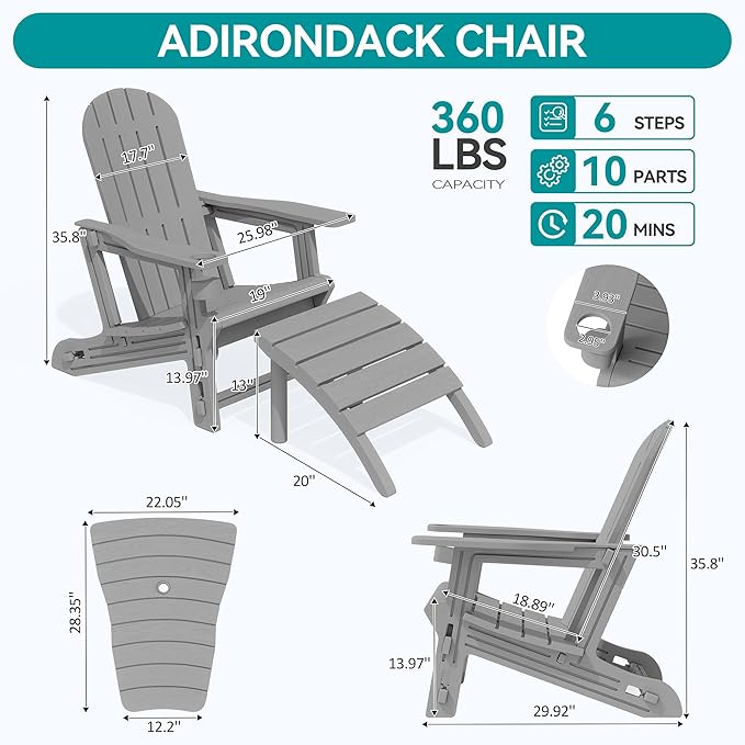 Vongrasig Adirondack Chairs Set of 2 with Removable Tabletop and Footrest, All-Weather HDPE Outdoor Chair Set with Wooden Textured, Cup Holder for Patio, Poolside, Deck, Garden, Light Grey