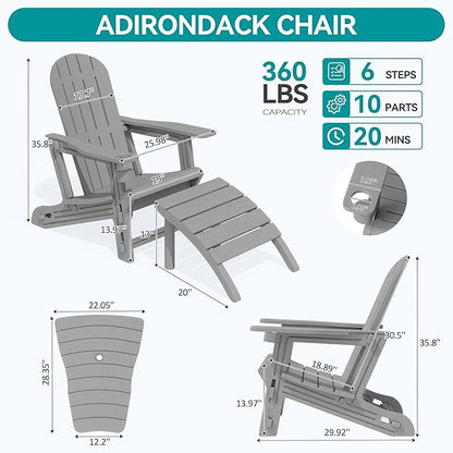 Vongrasig Adirondack Chairs Set of 2 with Removable Tabletop and Footrest, All-Weather HDPE Outdoor Chair Set with Wooden Textured, Cup Holder for Patio, Poolside, Deck, Garden, Light Grey
