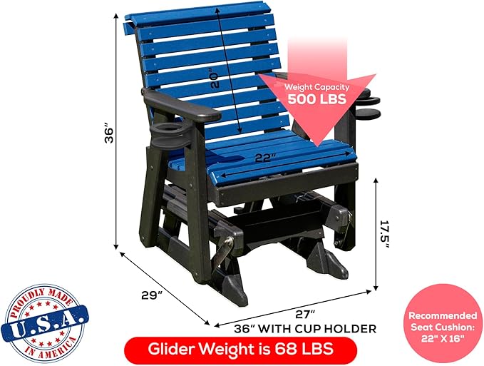 Amish Craftsmanship Made in USA 2FT Heavy Duty Poly Lumber Wood Porch Patio Glider HDPE with No wood fibers Lancaster Series Rollback design 500 lbs Limit With Cupholders Blue on Black