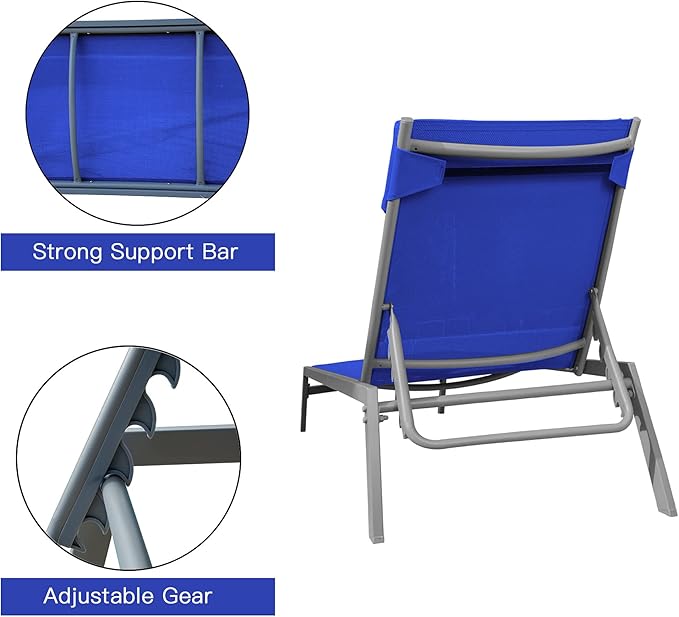 Domi Patio Chaise Lounge Set, Classic Pool Lounge Chairs with 5 Adjustable Posation, Breathable Textilene Fabric, Headrest and Table, Steel Frame Pool Chairs, Blue