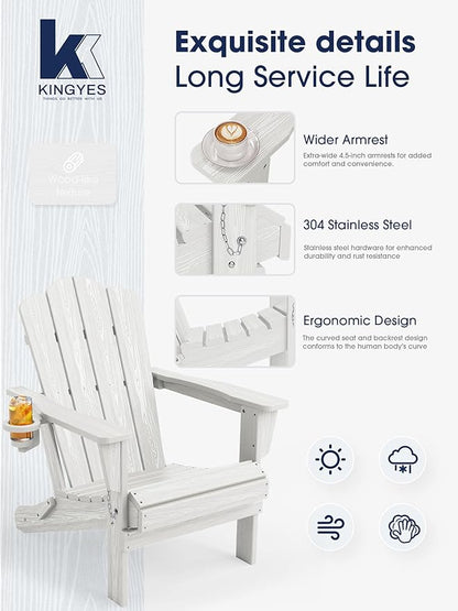 KINGYES Folding Adirondack Chair Set of 2, HDPE All-Weather Folding Adirondack Chair, White
