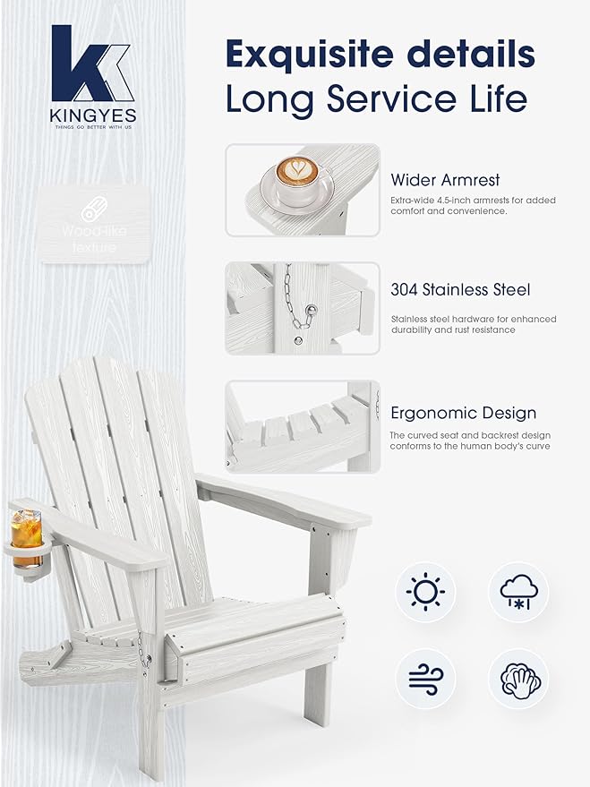 KINGYES Folding Adirondack Chair, HDPE All-Weather Patio Chairs, Wooden Textured Lawn Chair for Poolside, Backyard, Deck - Photo 4