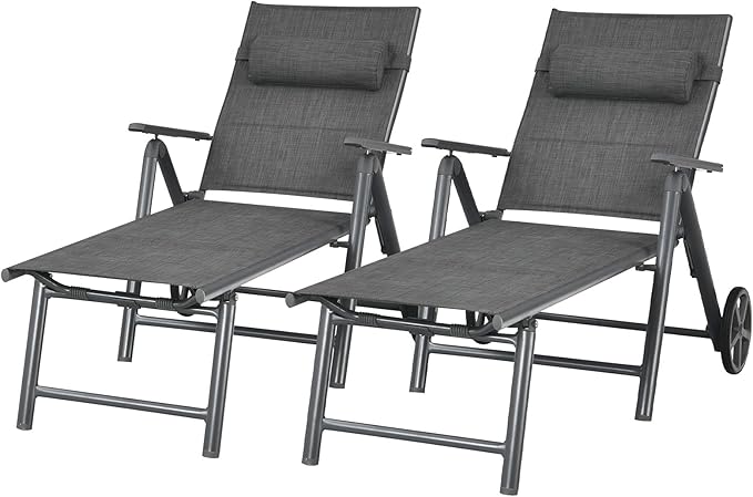 Tangkula 2 Pieces Patio Chaise Lounge W/Wheels, Outdoor Folding Padded Lounge Chair W/ 7-Position Backrest, Removable Headrest, Aluminum Reclining Chair, Suitable for Deck, Porch, Poolside (2, Grey)