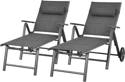 Tangkula 2 Pieces Patio Chaise Lounge W/Wheels, Outdoor Folding Padded Lounge Chair W/ 7-Position Backrest, Removable Headrest, Aluminum Reclining Chair, Suitable for Deck, Porch, Poolside (2, Grey)
