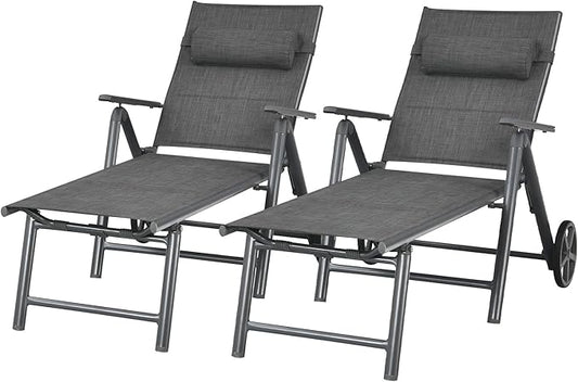 Tangkula 2 Pieces Patio Chaise Lounge W/Wheels, Outdoor Folding Padded Lounge Chair W/ 7-Position Backrest, Removable Headrest, Aluminum Reclining Chair, Suitable for Deck, Porch, Poolside (2, Grey)