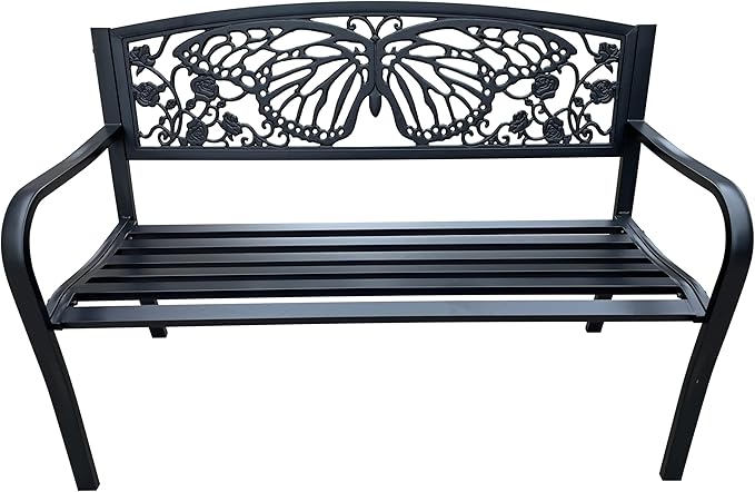 Hi-Line Gift Ltd 50" Outdoor Metal Garden Bench with Butterfly Backrest Design - Black