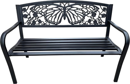 Hi-Line Gift Ltd 50" Outdoor Metal Garden Bench with Butterfly Backrest Design - Black
