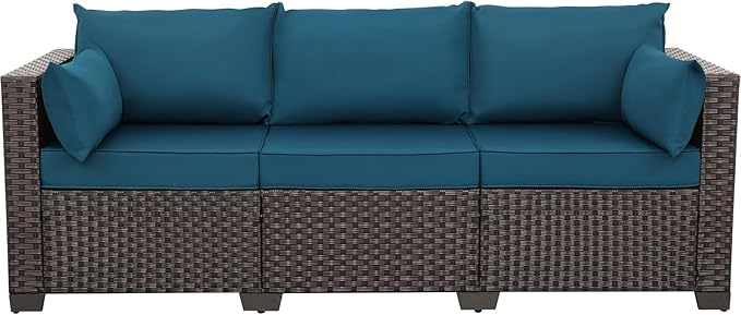 WAROOM Patio Couch PE Rattan 3-Seat Outdoor Sofa Brown Wicker Furniture Set Deep Seating with Anti-Slip Peacock Blue Cushion