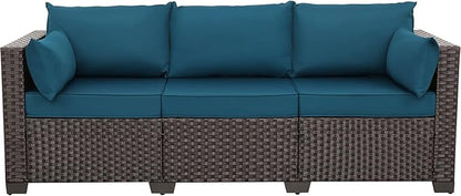 WAROOM Patio Couch PE Rattan 3-Seat Outdoor Sofa Brown Wicker Furniture Set Deep Seating with Anti-Slip Peacock Blue Cushion