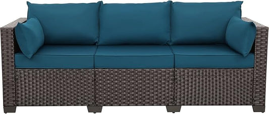 WAROOM Patio Couch PE Rattan 3-Seat Outdoor Sofa Brown Wicker Furniture Set Deep Seating with Anti-Slip Peacock Blue Cushion