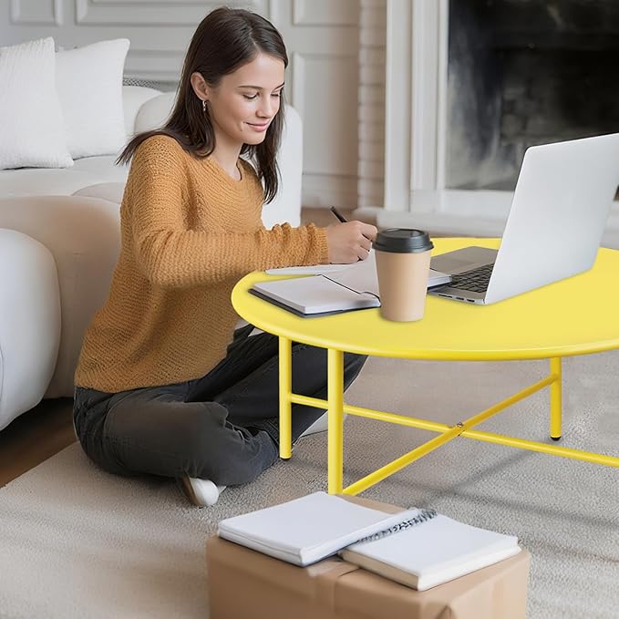 Patio Round Steel Patio Coffee Table, Weather Resistant Anti-Rust and Waterproof Indoor and Outdoor Large Side Table, for Garden Living Room Bedroom Balcony（Yellow）