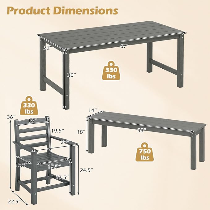 Tangkula 6 Pieces Patio Dining Bench Set, Outdoor HDPE Weather Resistant Table and Chairs Set with 1.77” Umbrella Hole and Wood-Like Surface, Outside Furniture Set for Garden, Backyard (Gray, 6 Pcs)