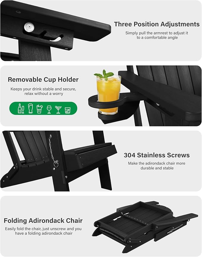 YEFU Folding Adirondack Chair for Outdoor: Plastic Foldable Fire Pit Chair with Cup Holders & Adjustable Backrest - Sturdy All-Weather HDPE for Outside Patio Poolside - Easy Assembly(Black)