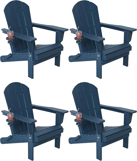 Outdoor Folding Adirondack Chair Set of 4 for Patio Fire Pit, Wooden Textured HDPE Adjustable Chairs with Cup Holder, Waterproof All Weather Resistant Plastic for Pool Lawn Garden Backyard(NavyBlue)