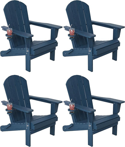 Outdoor Folding Adirondack Chair Set of 4 for Patio Fire Pit, Wooden Textured HDPE Adjustable Chairs with Cup Holder, Waterproof All Weather Resistant Plastic for Pool Lawn Garden Backyard(NavyBlue)