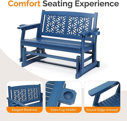 VINGLI Fir Wood Outdoor Glider with Floral Backrest, Wooden Patio Gliding Bench with Cup Holders, Smooth Rocking Chair for Garden, Yard & Porch (Blue, 4FT)