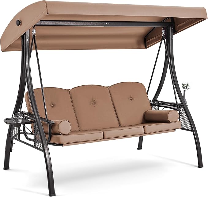 HOMREST 3 Seat Outdoor Porch Swing with 1.5" Deepened Cup Holder, Adjustable Canopy, Patio Swing Bed with Stand - Photo 1