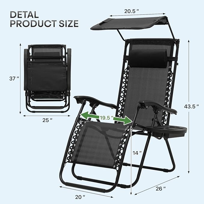 Athena Collection Folding Zero Gravity Chair with Canopy, Adjustable Lounge Chair Recliner, Outdoor Lawn Chair Camping Chairs Beach Chaise Chairs with Headrest & Cup Holder for Patio Pool, Black