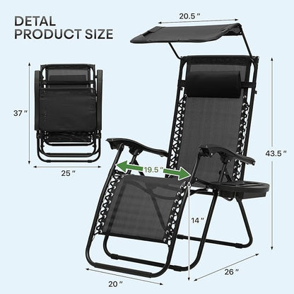Athena Collection Folding Zero Gravity Chair with Canopy, Adjustable Lounge Chair Recliner, Outdoor Lawn Chair Camping Chairs Beach Chaise Chairs with Headrest & Cup Holder for Patio Pool, Black