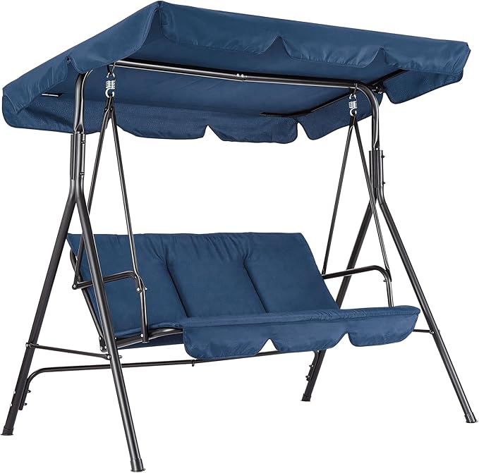 Porch Swing Chair with Adjustable Canopy for Adults 3-Seat Patio Glider Bench with Thick Cushions Steel Frame Outdoor Swing Chair for Backyard Lawn Garden Blue