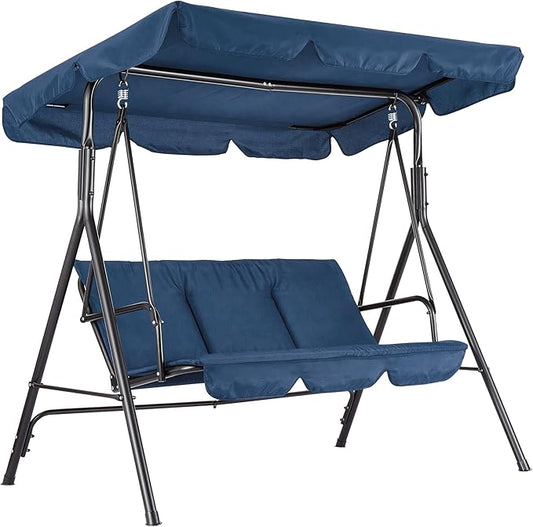 Porch Swing Chair with Adjustable Canopy for Adults 3-Seat Patio Glider Bench with Thick Cushions Steel Frame Outdoor Swing Chair for Backyard Lawn Garden Blue