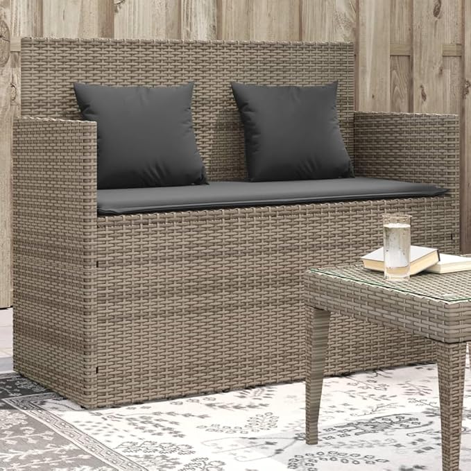 Patio Bench with Cushions Gray Poly Rattan Deck Bench Garden Bench Outdoor Bench Porch Bench for patios, Gardens, Decks - Photo 2