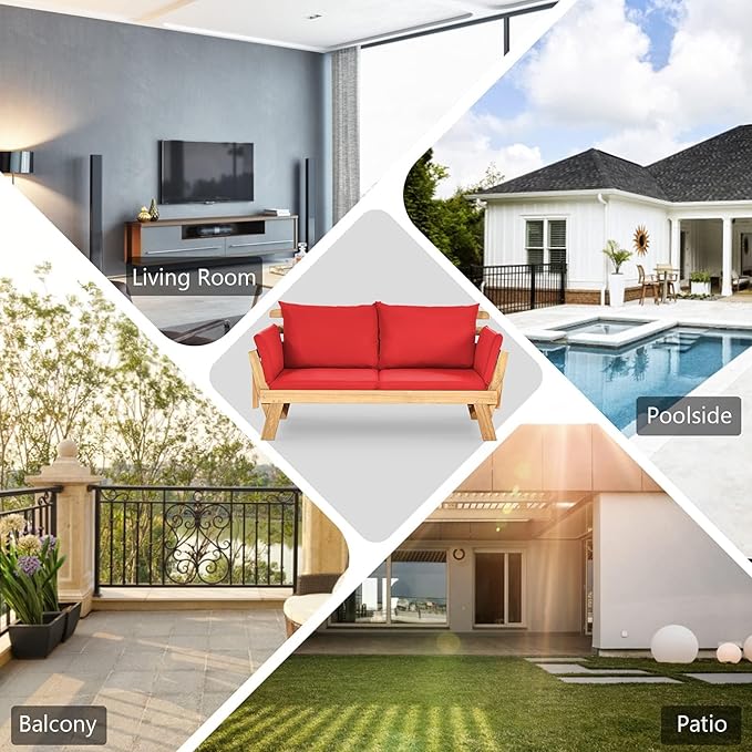 DORTALA Patio Convertible Couch Sofa Bed, Acacia Wood Daybed w/Adjustable Armrest, Collapsible Chaise Lounge w/Cushions & Pillows, Outdoor Loveseat for Poolside, Courtyard (Red)