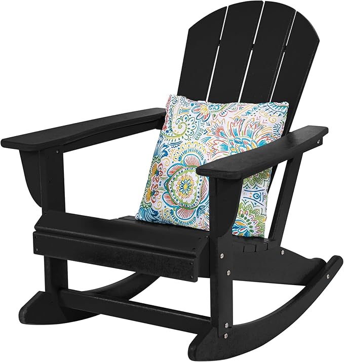 Sundale Outdoor Rocking Chair with Pillow, Patio Plastic All Weather Adirondack Rocker for Proch, Water Resistant for Outside, Garden, Pool, Yard, Black