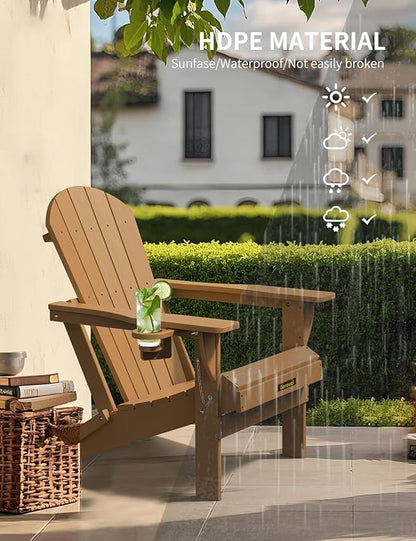 Plastic HDPE Adirondack Chair,Set of 2,Folding Adirondack Chair Weather Resistant with Cup Holder, Wooden Textured Fire Pit Outdoor Chair for Garden, Porch, Lawn, Backyard, Supports 380LBS, Teak