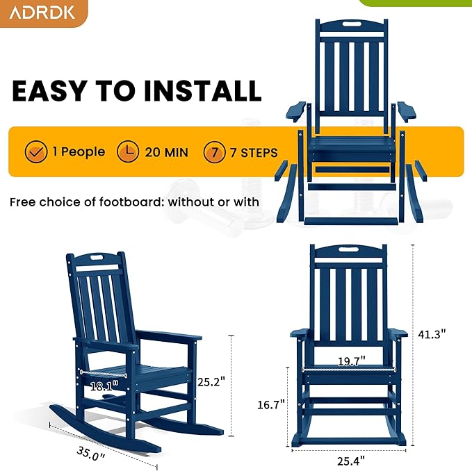 LOUNZY Outdoor Rocking Chair with Footboards Set of 4, HDPE Rocking Chair Patio Porch Rocker with 380lbs Support for Adult, Navy