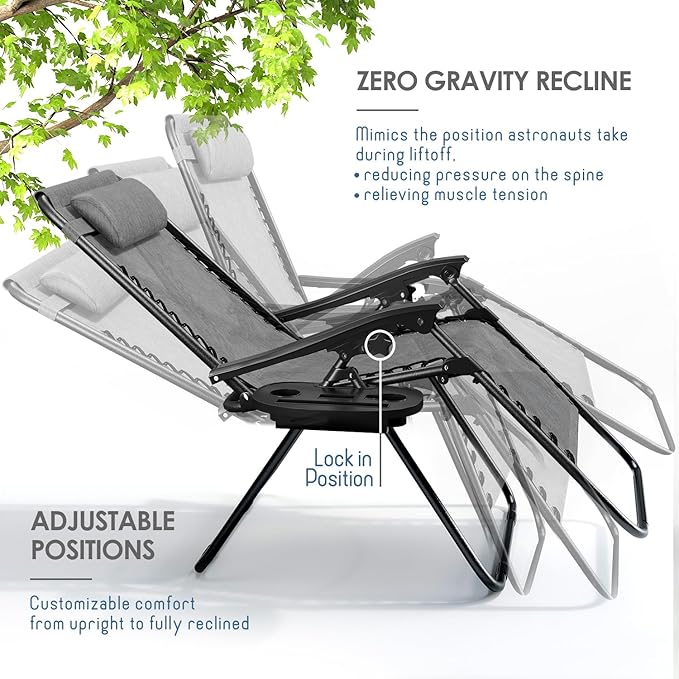 Nestl Zero Gravity Chairs Set of 2, Patio Lounge Chair Outdoor with Pillows & Cup Holder Trays - Photo 2