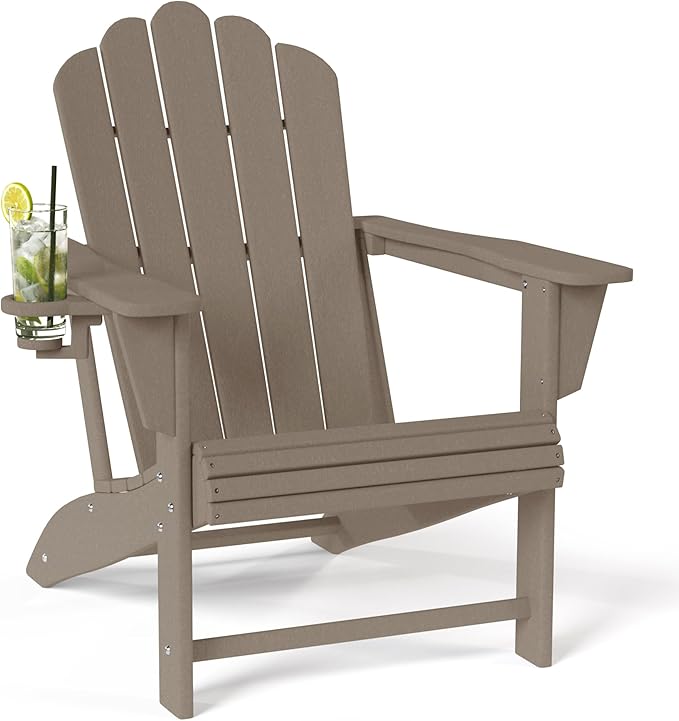 Costaelm Outdoor Patio HDPE Adirondack Chair with Cup Holder, Weathered Wood