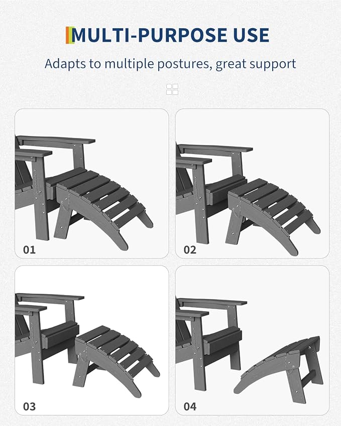 GarveeLife Folding Adirondack Ottoman for Adirondack Chair, HDPE All-Weather Footrest for in/Outdoor Patio Deck Backyard, Grey