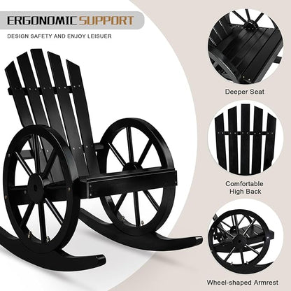 Outvita Adirondack Rocking Chair, Wood Wagon Rocker, Outdoor Wooden Carbonized Lounge Chairs with Wheel Armrest for Garden Patio Country Yard Porch(Black)