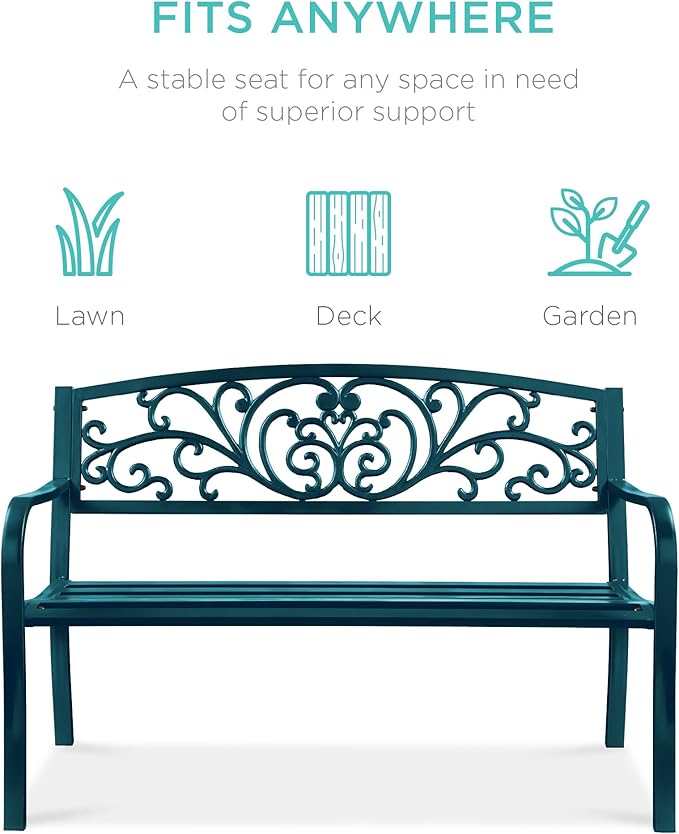Best Choice Products Outdoor Bench Steel Garden Patio Porch Furniture for Lawn, Park, Deck w/Floral Design Backrest - Photo 3