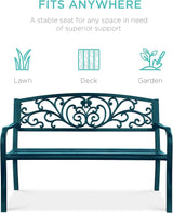 Best Choice Products Outdoor Bench Steel Garden Patio Porch Furniture for Lawn, Park, Deck w/Floral Design Backrest - Photo 3