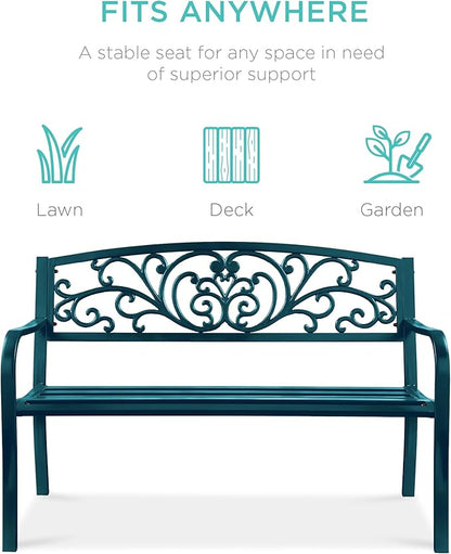 Best Choice Products Outdoor Bench Steel Garden Patio Porch Furniture for Lawn, Park, Deck w/Floral Design Backrest, Slatted Seat - Peacock Blue