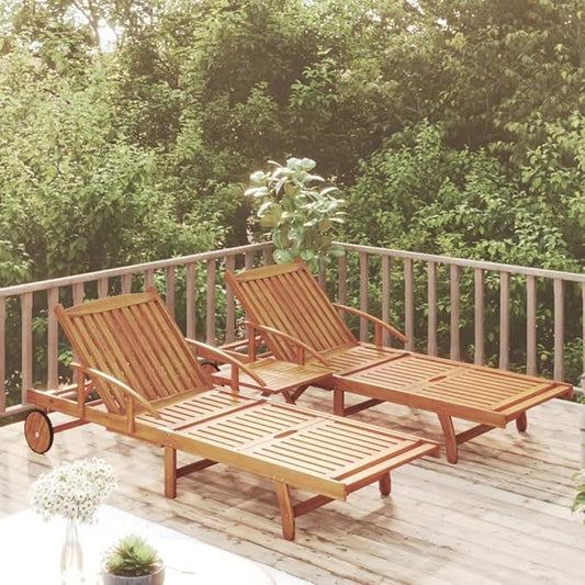 2-Person Acacia Wood Sunlounger Set with Table, Adjustable Backrest Outdoor Chaise Lounge, Foldable Beach Tanning Chairs, 26.8" Seat Depth, Large, Brown, for Garden, Poolside & Patio