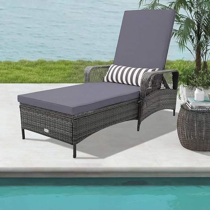HAPPYGRILL Patio Rattan Chaise Lounge, Outdoor PE Wicker Sun Lounger with Adjustable Backrest, Cushion & Pillow, Reclining Sunbed for Balcony Poolside Yard (Mix Gray & Gray)