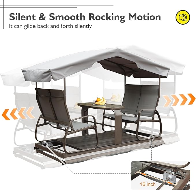 Domi 4-Seat Outdoor Glider Bench with Canopy, 800lbs Capacity Aluminum Rocking Chair with Zippered Mesh & Tempered Glass Table, Heavy Duty Outdoor Swing Chair for Patio, Backyard, Poolside