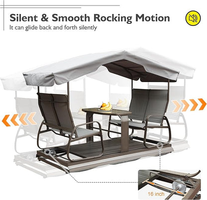 Domi 4-Seat Outdoor Glider Bench with Canopy, 800lbs Capacity Aluminum Rocking Chair with Zippered Mesh & Tempered Glass Table, Heavy Duty Outdoor Swing Chair for Patio, Backyard, Poolside