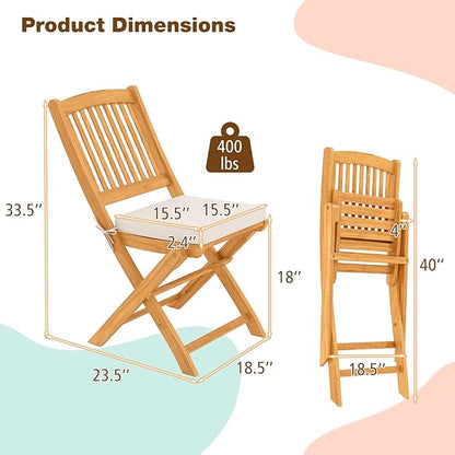 Tangkula 2 Pieces Folding Outdoor Dining Chairs, Acacia Wood Patio Chairs with Soft Cushions, Slatted Backrests and Seats, Outdoor Chairs for Porch, Balcony, Deck and Yard (One-Size,Beige,2)