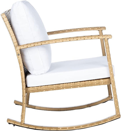 SAFAVIEH Outdoor Collection Daire Woven Natural/White Cushion Rocking Chair for Patio Porch Backyard Sunroom