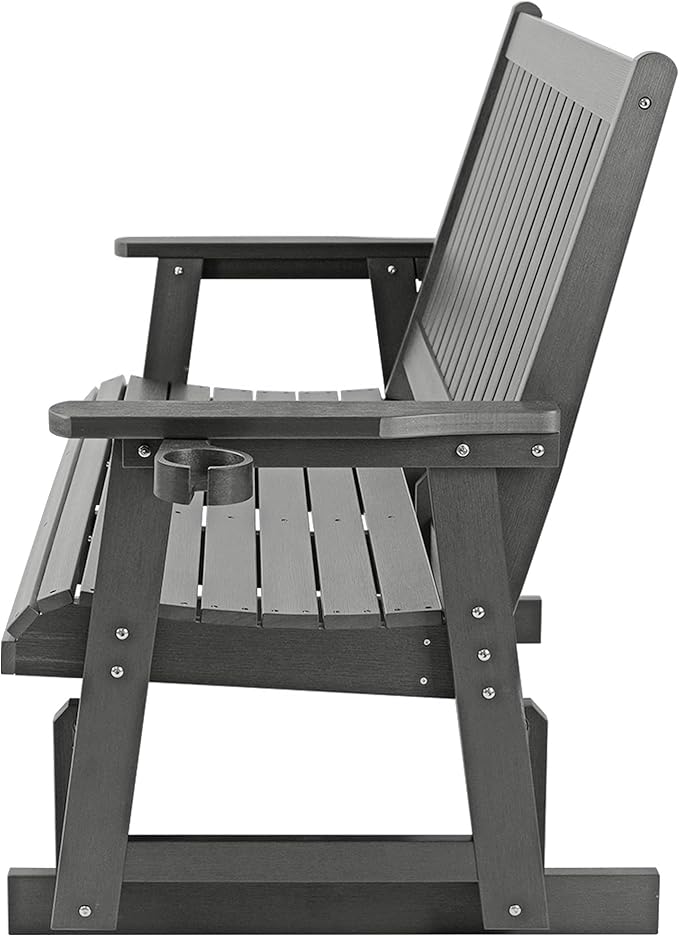 HIPS Patio Glider with Cup Holders, Durable Poly Lumber Material, All-Weather Resistant, High Backrest and Deep Contoured Seat, Heavy Duty 900 LB, for Outdoor, Porch, Patio (Gray, 3-Seat)