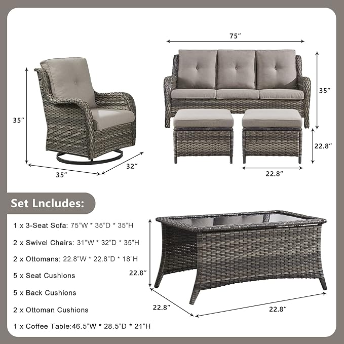 Rilyson Wicker Patio Furniture Set - 6 Piece Rattan Outdoor Sectional Conversation Sets with 2 Swivel Rocking Chairs - Photo 2